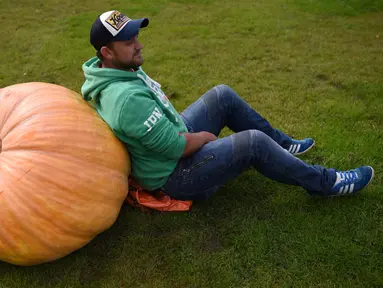Seorang petani, Richard Mann berpose dengan labu seberat 310,7 kg yang berhasil memenangkan kelasnya ketika mengikuti kompetisi sayuran raksasa pada hari pertama Flower Show Autumn Harrogate, di Harrogate, Inggris, Jumat (15/9). (OLI SCARFF/AFP)