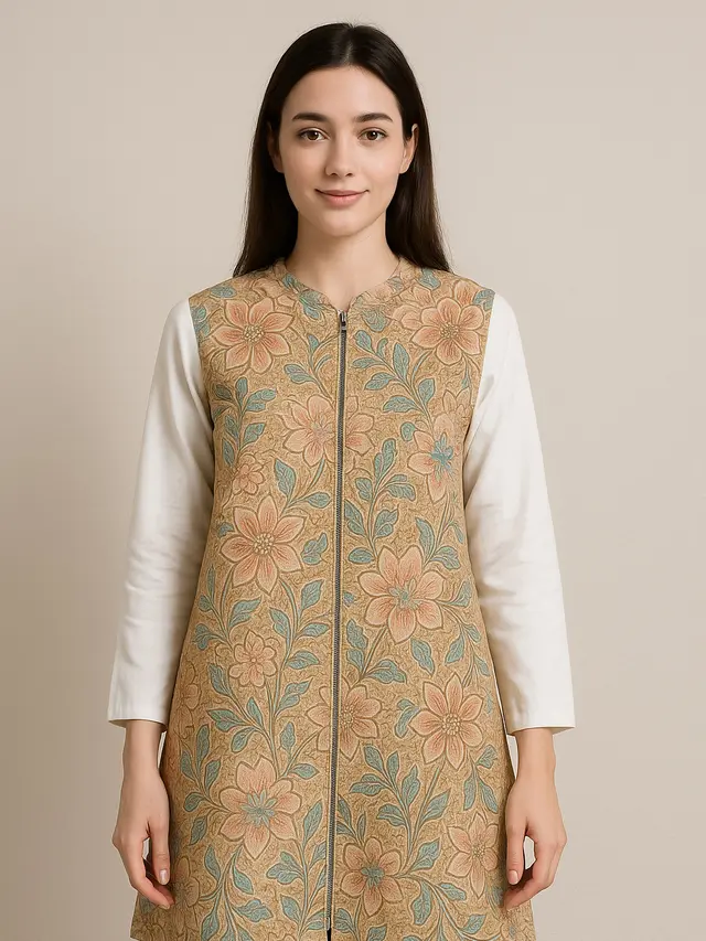 Model Tunik Batik Resleting Depan Kombinasi Lengan Panjang Polos