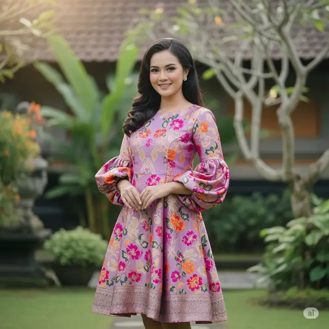 Dress Lilac Brokat A-Line Motif Bunga Cerah dengan Lengan Balon