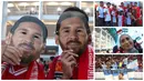 Istri dan anak mantan pemain Liga 1 asal Argentina, Gustavo Chena (kiri) dan sejumlah penudukung asal Argentina berpose di depan fotografer sebelum laga FIFA Matchday antara Timnas Indonesia melawan Argentina di Satdion Utama Gelora Bung Karno (SUGBK), Senayan, Jakarta, Senin (19/06/2023). (Bola.com/Bagaskara Lazuardi)