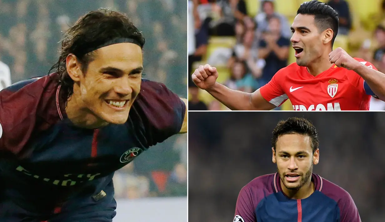 Berikut ini top scorer sementara Liga 1 Prancis 2017/2018 hingga pekan ke-11, Edinson Cavani dan Radamel Falcao bersaing di puncak, Neymar Jr tertinggal. (Kolase foto-foto dari AFP dan AP)