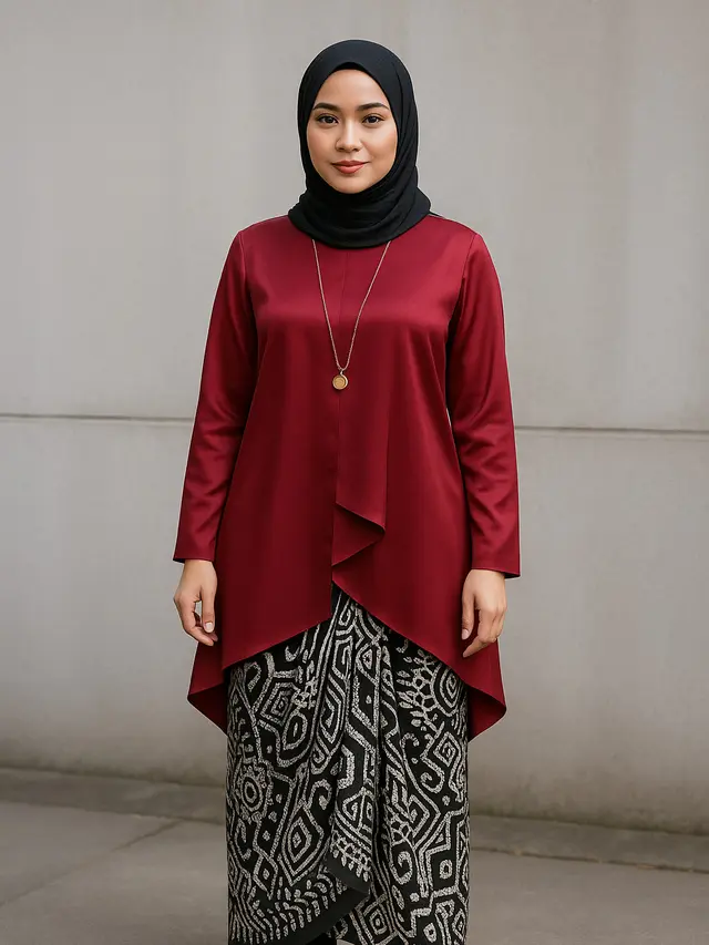 Model Tunik Polos Berbahan Satin Dipadukan dengan Rok Lilit Motif Etnik (Foto: ChatGPT)