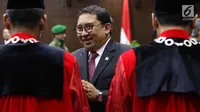 Wakil Ketua DPR Fadli Zon menghadiri acara pengucapan sumpah jabatan Ketua dan Wakil Ketua MK Anwar Usman dan Aswanto, Jakarta, Senin (2/4). Anwar dan Aswanto menjadi Ketua dan Wakil Ketua MK periode 2018-2020. (Liputan6.com/Immanuel Antonius)