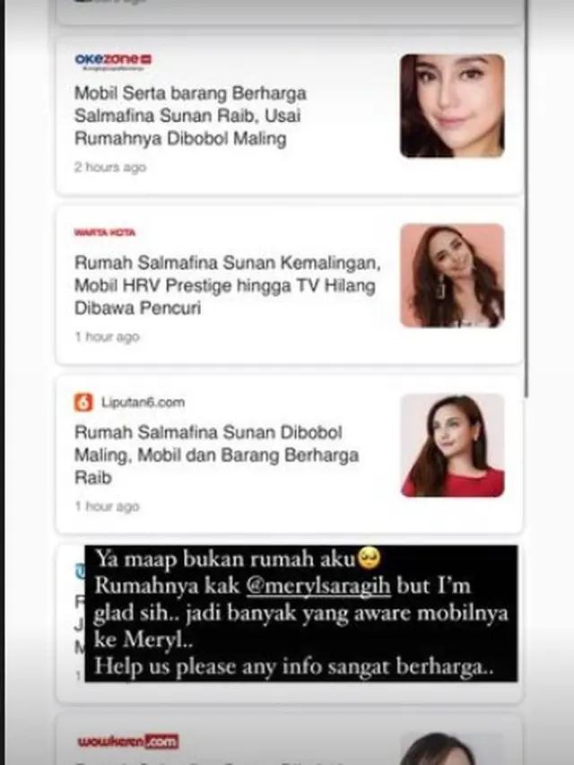 Klarifikasi Salmafina Sunan bukan rumahnya yang kemalingan (Instagram Stories)