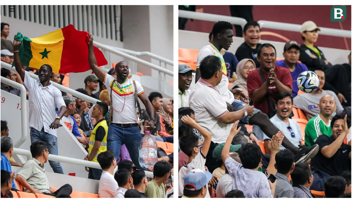 Suporter Senegal beberapa kali mampu mencuri perhatian dari penonton lain saat laga 16 Besar Piala Dunia U-17 2023 antara Timnas Prancis U-17 melawan Timnas Senegal U-17 yang berlangsung di Jakarta International Stadium (JIS), Rabu (22/11/2023). Mereka tak sesekali melakukan aksi kocak seperti datang dengan mengibarkan bendera negaranya sambil membawa galon air mineral hingga menunjukkan kebolehannya melakukan juggling dari tribune. Sayangnya, Timnas Senegal U-17 harus gagal melaju ke babak perempat final setelah kalah dalam babak adu penalti. (Bola.com/Bagaskara Lazuardi)