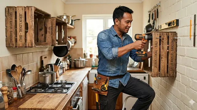 Memasang Rak Dapur dari Peti Buah Bekas