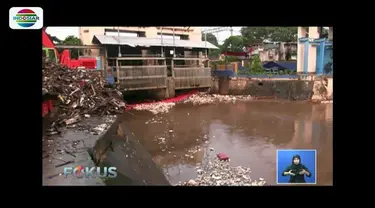 Petugas di Pintu Air Manggarai, Jakarta, masih terus berjuang mengangkat sampah yang terbawa aliran Sungai Ciliwung yang tampak berarus deras.