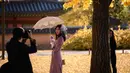Seorang wanita berpose saat difoto di bawah pohon ginkgo di istana Gyeongbokgung di Seoul (31/10). -Pohon ginkgo secara luas dibudidayakan dan diperkenalkan pada awal sejarah manusia. (AFP Photo/Ed Jones)