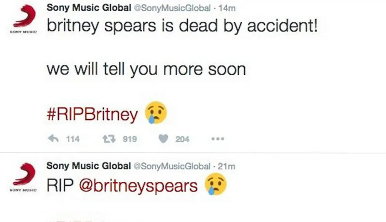 “Britney meninggal karena kecelakaan! Kami akan memberi tahu kalian lebih lanjut #RIPBritney,” tulis akun Twitter Sony Music. (doc.mirror.co.uk)