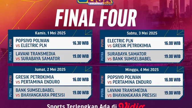 Saksikan Aksi Seru Final Four PLN Mobile Proliga 2025 di Vidio: Gresik Petrokimia Vs Jakarta Pertamina Enduro dan Palembang Bank Sumsel Babel Vs Jakarta Bhayangkara Presisi