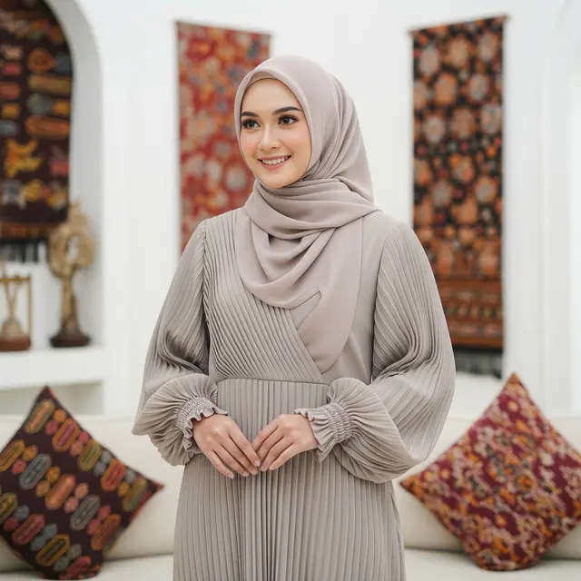 Dress Plisket dengan Lengan Balon (Gemini AI)