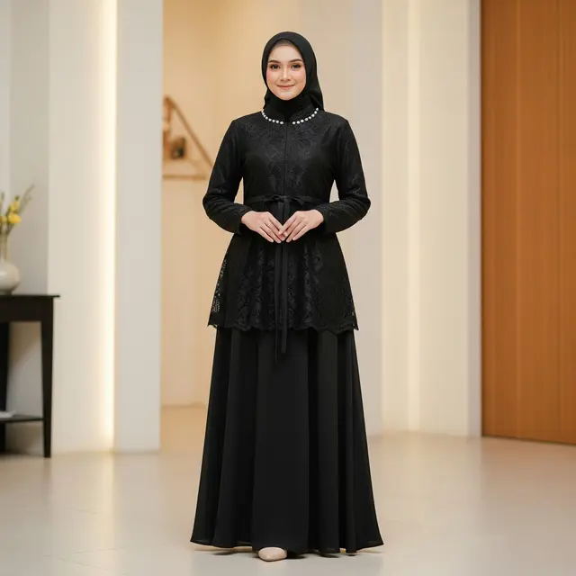 Model Gamis Kombinasi Brokat Hitam