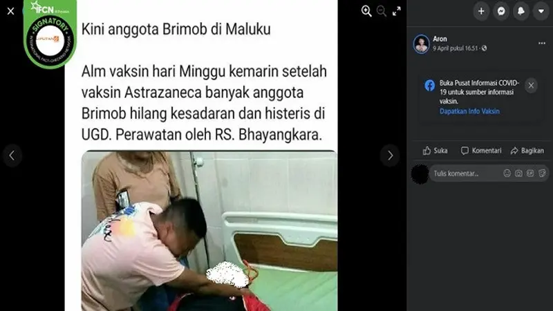 Gambar Tangkapan Layar Kabar Seorang Anggota Brimob di Maluku Meninggal Dunia karena Disuntik Vaksin AstraZeneca (sumber: Facebook)