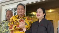 Ketua DPP PDIP Puan Maharani bertemu dengan Ketua Umum Partai Golkar Airlangga Hartarto hari ini, Kamis (27/7/2023) di Jalan Tirtayasa Raya No 32 Kebayoran Baru Jakarta Selatan. (Liputan6.com/Ady Anugharadi)