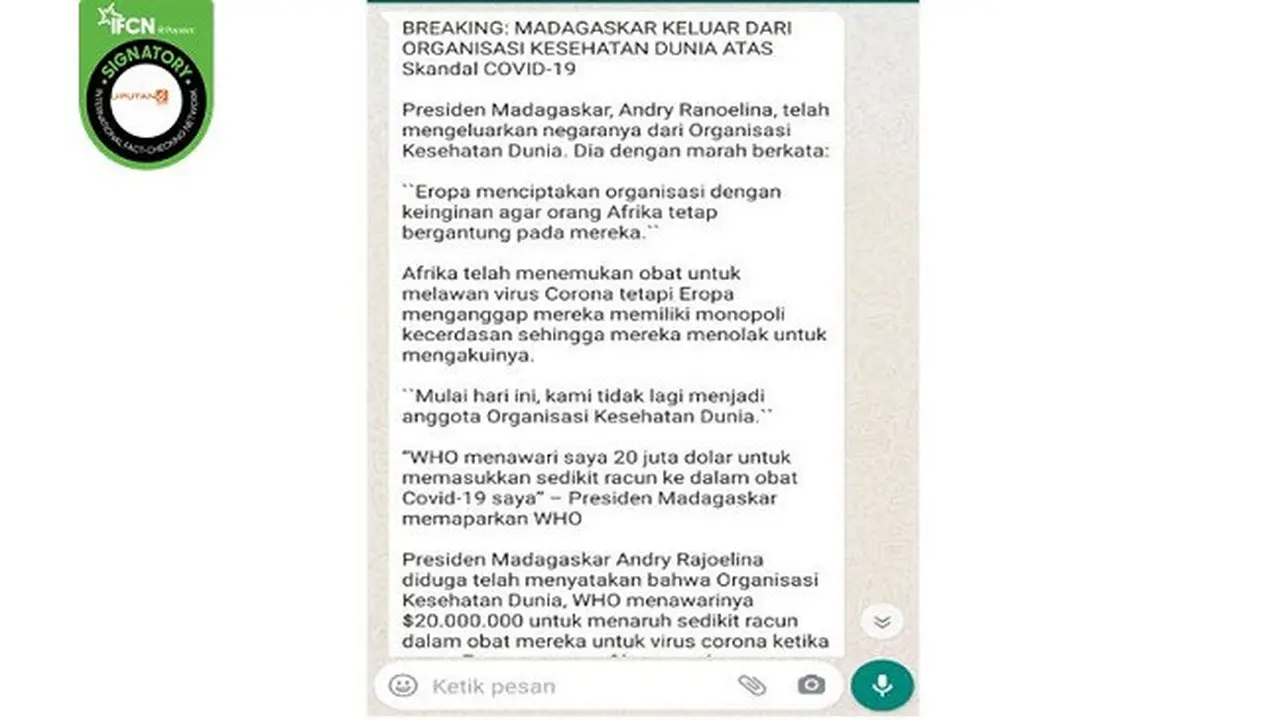 Gambar Tangkapan Layar Kabar Hoaks Madagaskar Keluar dari WHO.