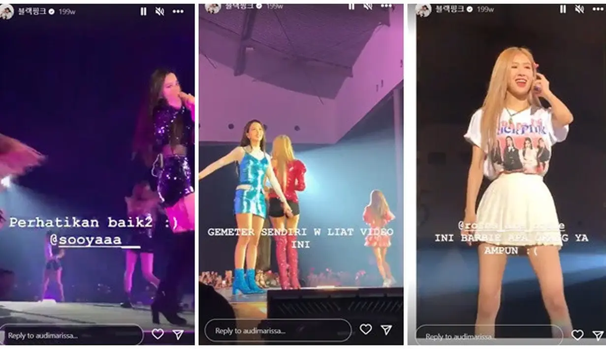 Saking cantiknya, Audi Marissa menyebut Jisoo, Jennie, Rose dan Lisa ini seperti barbie. Dapat finger love dari Jisoo, Audi Marissa histeris karena tak menyangka ia akan di notice oleh salah satu member tertua Blackpink itu. Interaksi para member di atas panggung pun bikin Audi Marissa merasa gemas sendiri. Merupakan fans sejati, di beberapa momen Audi mengaku gemetar melihat story Instagramnya. (Liputan6.com/IG/@audimarissa)