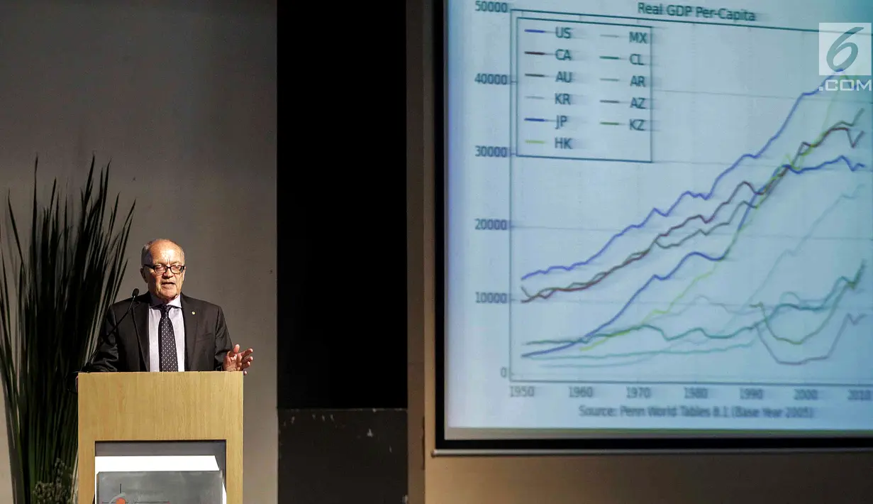 Peraih Nobel Ekonomi 2004, Prof. Finn Erling Kydland memberikan paparan dalam seminar di Universitas Binus, Jakarta, Jumat (8/3). Seminar mengusung tema Consistent Economic Policy and Economic Development. (Liputan6.com/Faizal Fanani)