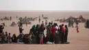Pengungsi Irak beristirahat menunggu bantuan di dekat perbatasan Irak, di Hasaka Governorate (23/10). Para pengungsi Irak dan Suriah terlantar di tengah iklim gurun yang panas dan bahkan mendirikan tenda kecil untuk beristirahat. (REUTERS/Rodi Said)