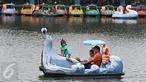 Pengunjung menaiki bebek air di kawasan wisata Setu Babakan, Jakarta Selatan, Sabtu (2/1/2016). Setu Babakan menjadi destinasi wisata alternatif dengan biaya yang relatif terjangkau. (Liputan6.com/Immanuel Antonius)