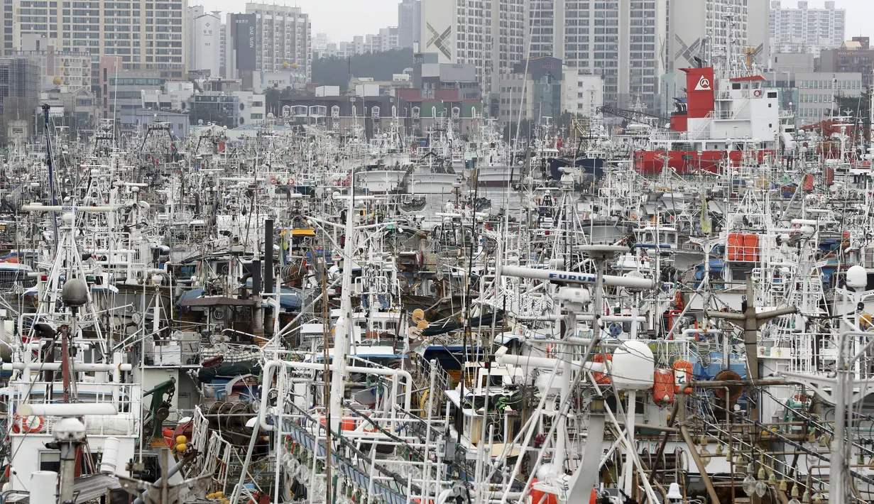 Kapal nelayan berlabuh di pelabuhan saat Topan Hinnamnor bergerak menuju Semenanjung Korea di Pohang, Korea Selatan, Senin (5/9/2022). Topan Hinnamnor, badai global terkuat tahun ini, bertiup melewati Taiwan dan Korea dengan angin kencang dan hujan lebat. (Son Dae-sung/Yonhap via AP)