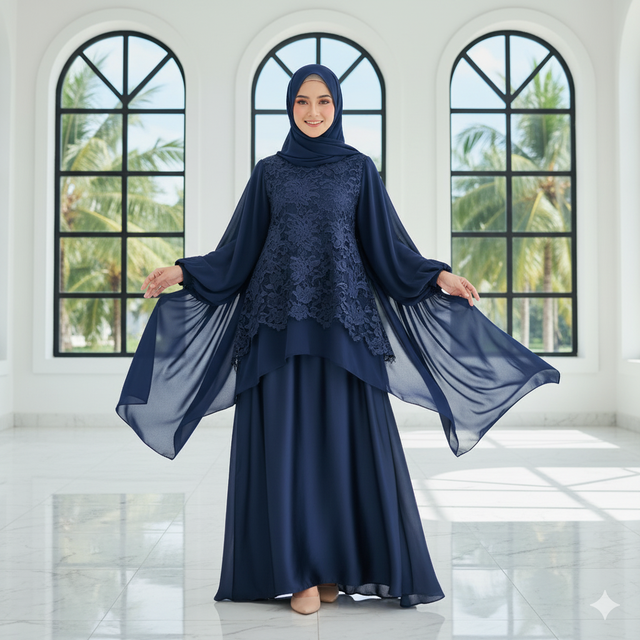 Mujer con abaya azul marino con mangas abullonadas (Gemini AI)