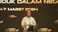 Menteri Perindustrian Agus Gumiwang memberikan sambutan saat acara Business Matching 2024 “Belanja Produk Dalam Negeri” yang diselenggarakan di Sanur, Bali pada Kamis (7/3/2024).