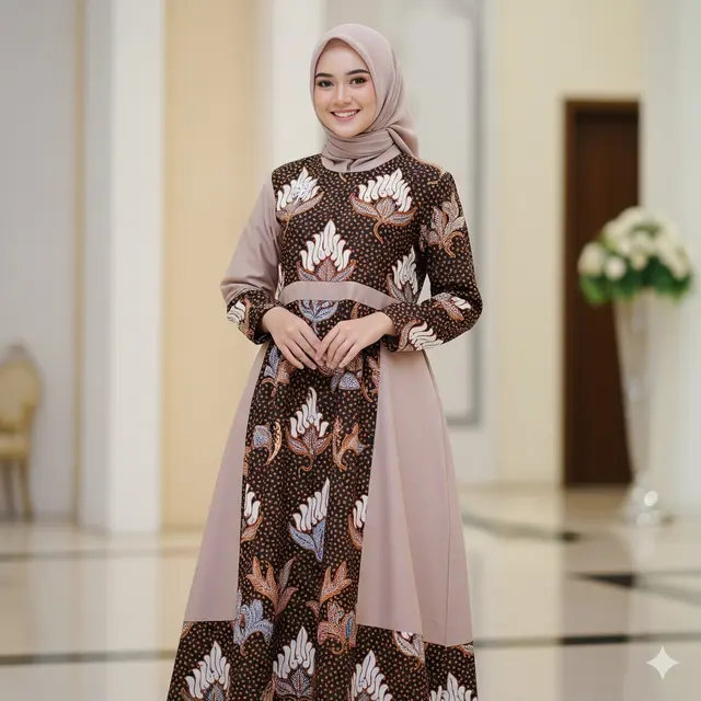 Gamis Batik Kawung Kombinasi Polos