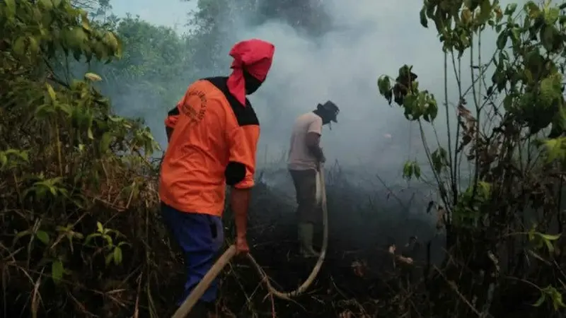 Petugas Manggala Agni dan polisi berjibaku memadamkan kebakaran hutan dan lahan di Riau.