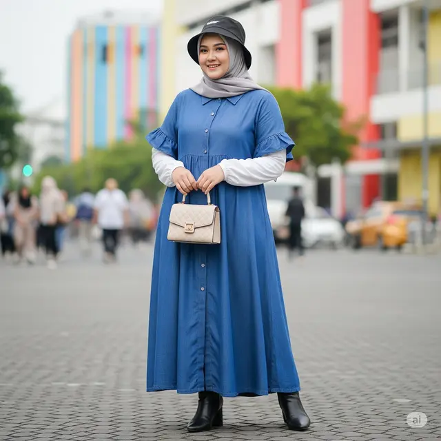 Gamis Denim dengan Ruffle Lengan