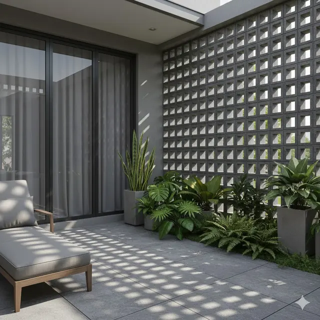 Teras Rumah Modern dengan Dinding Roster Tembus Cahaya (Image by Gemini AI)