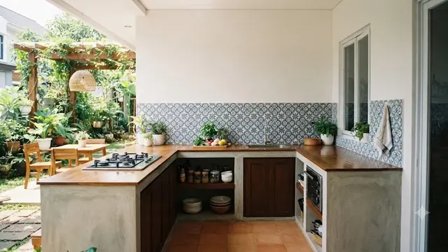 Model Dapur Terbuka Bentuk L Tanpa Kabinet Atas (AI Generated)