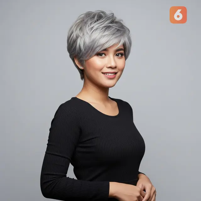 Rambut Wanita Pendek Berwarna Trend 2026 Model Pixie Cut Bertekstur dengan Warna Abu-Abu Perak