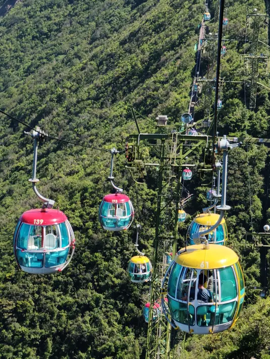 Wisatawan yang sedang menaiki kereta gantung di Ocean Park di Hong Kong, China selatan (15/9/2020). Taman hiburan ikonis Hong Kong, Ocean Park, mengatakan bahwa pihaknya akan melanjutkan kembali operasi setelah lebih dari dua bulan ditutup sementara akibat merebaknya COVID-19. (Xinhua/Wang Shen)