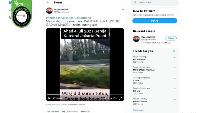 Gambar Tangkapan Layar Kabar Tentang Gereja Katedral Jakarta Dibuka untuk Ibadah Tatap Muka Saat Penerapan PPKM Darurat (sumber: Twitter).