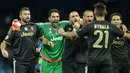 Pemain Juventus merayakan kemenangan 2-1 atas Manchester City di laga Grup D Liga Champions di Stadion Etihad, Manchester, Inggris, Rabu (16/9/2015) dini hari WIB. (AFP Photo/Oli Scarff) 