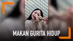 Apes benar yang dialami wanita ini ketika sedang menayangkan siaran makan menggunakan seekor gurita hidup. Bukannya berhasil, gurita malah menempelkan tentakelnya di wajah si wanita.