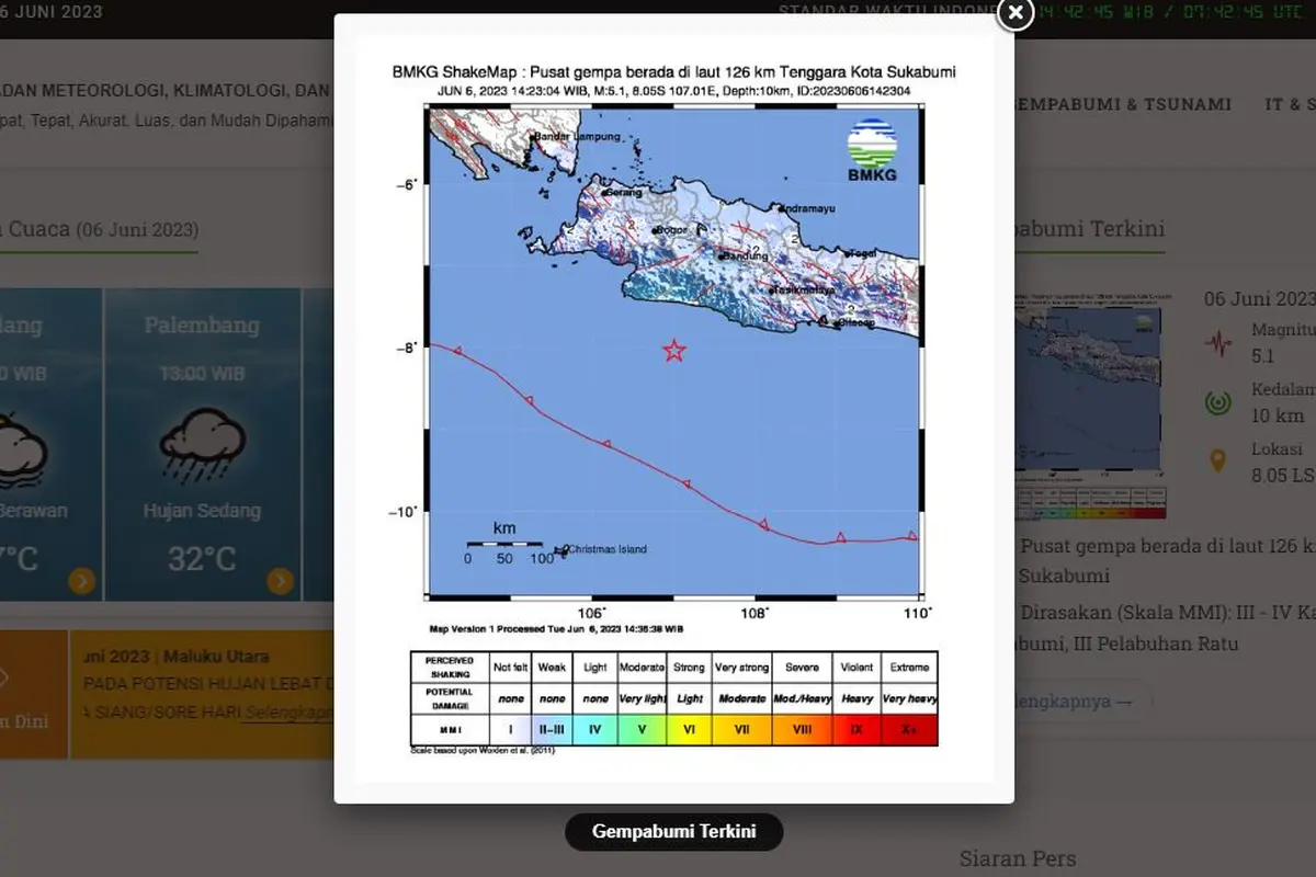Gempa bumi mengguncang tenggara Kota Sukabumi, Jawa Barat, Selasa (6/6/2023) sore. (BMKG)