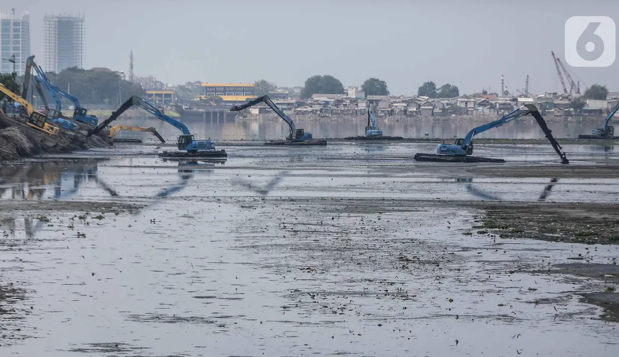 Alat berat mengeruk lumpur di Waduk Pluit, Jakarta, Rabu (30/10/2019). Waduk Pluit dikeruk untuk mengeluarkan lumpur yang mengendap pada bagian dasar. (Liputan6.com/ Faizal Fanani)