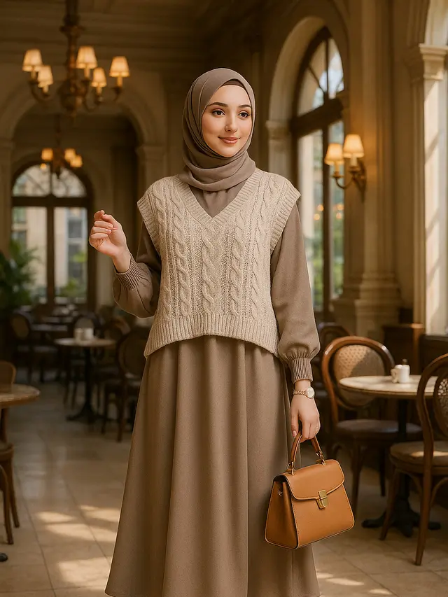 Model Gamis dengan Rompi Rajut