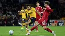 Mimpi buruk Liverpool datang pada menit injury time ketika Andre Trindade melepaskan tembakan dari luar kotak penalti. Bola tembakannya berbelok arah dan masuk ke gawang The Reds setelah mengenai Joe Gomez. (AFP/Darren Staples)