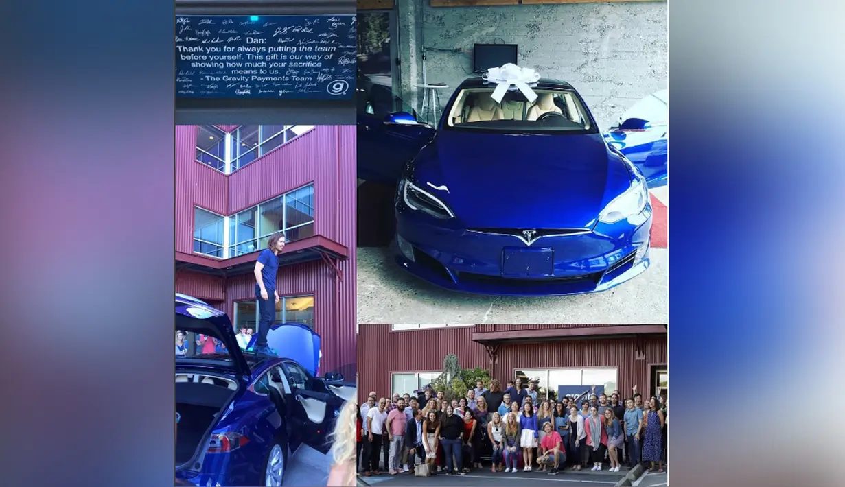 Kumpulan foto yang menggambarkan sejumlah karyawan di suatu perusahaan Amerika Serikat memberikan hadiah terima kasih pada CEO perusahaan mereka lantaran telah menaikkan gaji. CEO tersebut bernama Dan Price. (Instagram.com/ danpriceseattle)