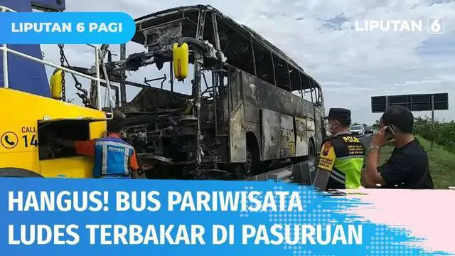 Diduga mengalami masalah kelistrikan, sebuah bus pariwisata yang mengangkut puluhan turis lokal ludes terbakar di Pasuruan. Beruntung semua penumpang sempat keluar sebelum api melumat seluruh isi bus.