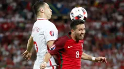 Gelandang Portugal Joao Moutinho (kanan) berebut bola udara dengan Tomasz Jodłowiec pada perempat final Piala Eropa di Stade Velodrome, Perancis, (1/7). Portugal melaju ke Semifinal usai menang adu penalti dengan skor 5-3. (REUTERS /Christian Hartmann)