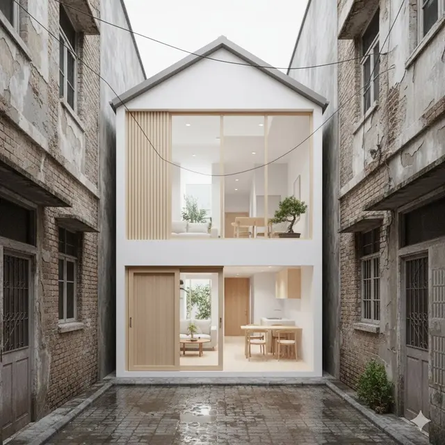 Rumah dengan Fasad Batu Alam & Kayu Lapis
