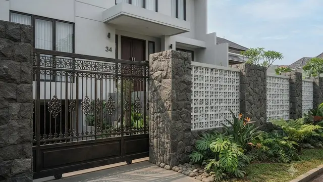 Kombinasi Pagar Geser dan Batu Alam Fasad Minimalis Terlihat Lebih Premium