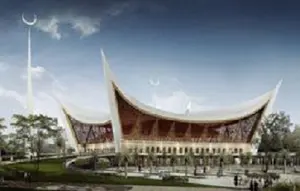 Masjid Raya Sumbar yang dikenal sebagai Masjid Mahligai Minang memiliki bentuk tak biasa. Salah satu bagian masjid tersebut terinspirasi dari kain pembungkus Hajar Aswad. (dok. http://simas.kemenag.go.id/Dinny Mutiah)