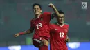 Pemain Timnas Indonesia, Septian David Maulana usai menjebol gawang Kamboja pada laga persahabatan di Stadion Patriot Candrabhaga, Bekasi, Rabu (4/10). Timnas Indonesia menang 3-1 atas Kamboja. (Liputan6.com/Helmi Fithriansyah)