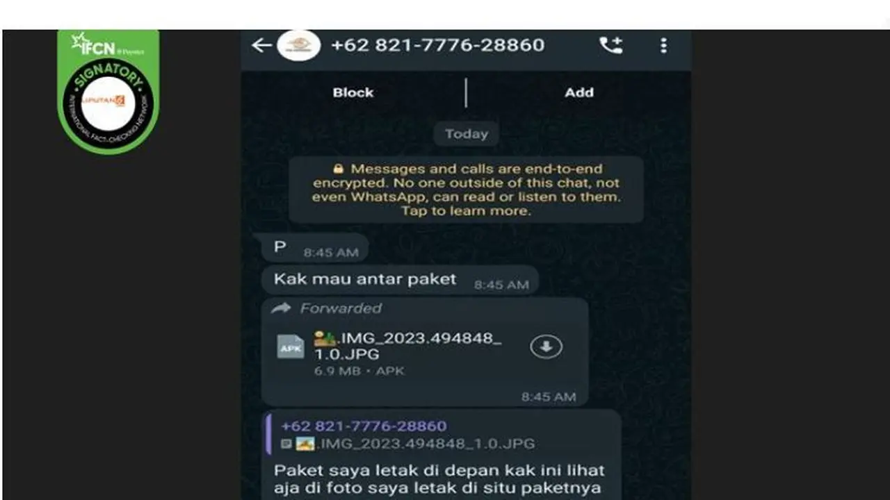 Tangkapan layar klaim file APK laporan pengiriman paket dari akun WhatsApp Pos Indonesia