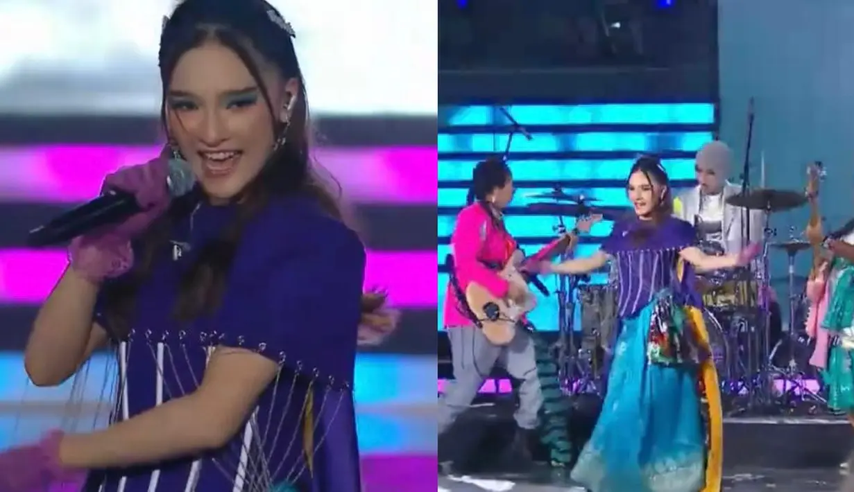 Penyanyi muda Maysha Jhuan tampil membawakan lagu “September” mengenakan atasan ungu yang dipadu korset warna senada dan rok batik warna biru.   [Youtube/Liputan 6]