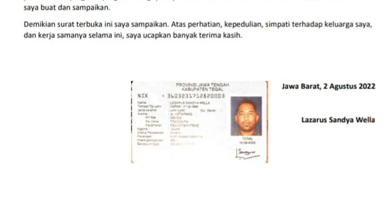 Surat terbuka yang diklaim klarifikasi hilangnya Pimred Kabar Tegal, Lazarus Sandya Wella. (Foto: Istimewa/Liputan6.com)